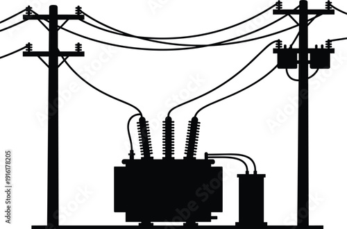 Silhouette of electrical transformer and utility poles with wires and insulators electricity power