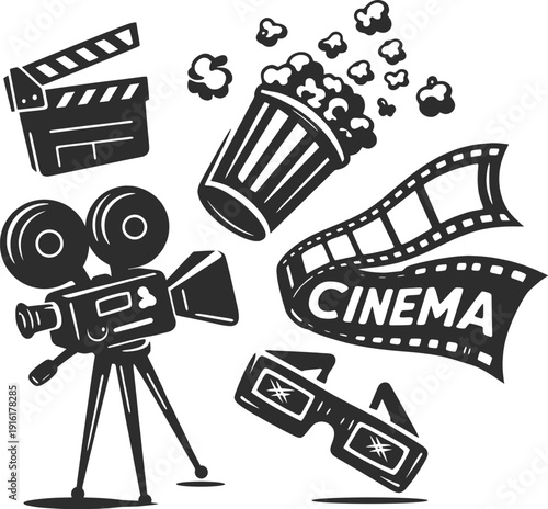Cinema Movie Elements Illustration with Camera, Popcorn, and Film Reel.