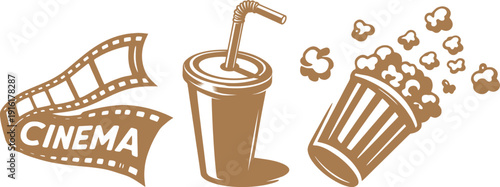 Cinema Popcorn Soda and Film Strip Vintage Illustration.