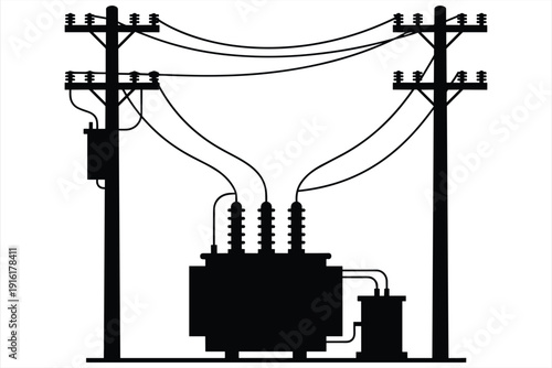 Silhouette of electrical transformer and utility poles with wires electricity power