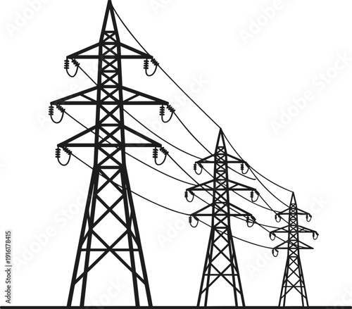 Silhouette of three electricity pylons with power lines on white background Keywords: electricity, pylon, power line