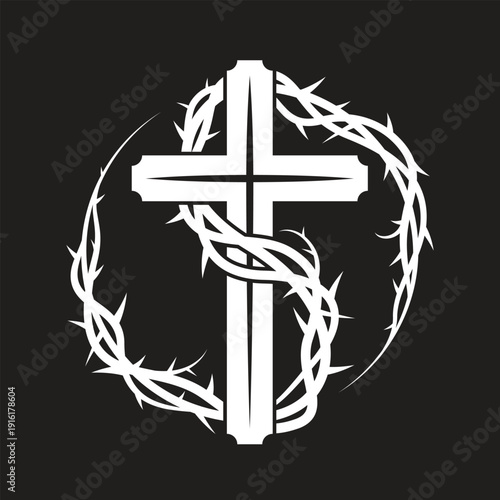 White christian cross with line thorns roll cross around to circle shape on black background vector design
