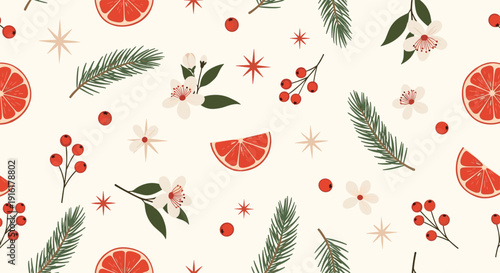 Festive winter seamless pattern with pine branches red berries orange slices white flowers and stars on a light background for holiday.
