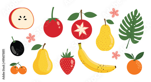 Large set of assorted fruit illustrations including apple pear strawberry banana and orange with a tropical leaf for healthy nutrition theme.