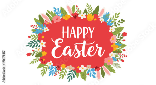 Happy Easter greeting card design features a colorful floral wreath with rabbit ears on a bright red background.