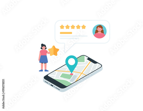 Woman holding star near smartphone with map and location pin and review bubble Keywords: rating, review, feedback, customer