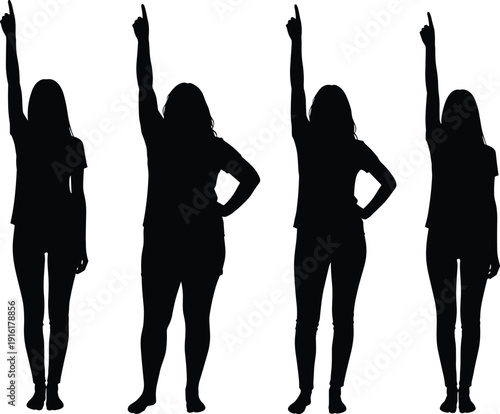 Silhouettes of four women with one arm raised pointing upwards Keywords: woman, female, silhouette, standing, pointing, finger