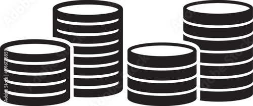 Four stacks of black and white coins or tokens isolated on a white background, representing finance, savings, and value.