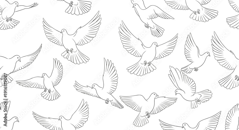 Fototapeta premium A beautiful and delicate seamless pattern featuring numerous flying white doves in simple outline style, conveying a sense of peace and freedom.