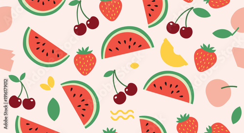 Vibrant summer fruits seamless pattern includes slices of watermelon, strawberries, cherries, and peaches on a light pink background.