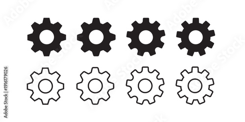 Black gear icon set – Mechanical cogwheel symbols for industry engineering technology and automation vector collection