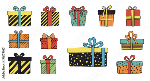 Diverse collection of colorful gift boxes with various patterns and ribbons arranged on a clean white background for holidays.