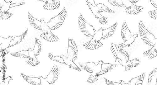 A beautiful and delicate seamless pattern featuring numerous flying white doves in simple outline style, conveying a sense of peace and freedom.