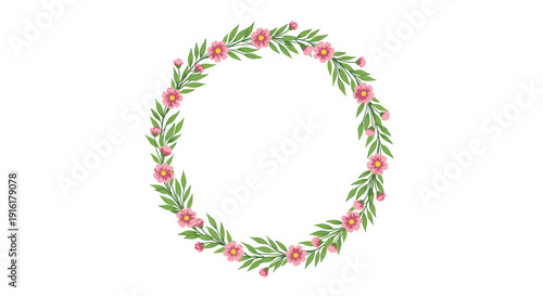 Elegant floral wreath crafted from vibrant pink flowers and fresh green leaves, arranged in a perfect circular frame on a clean white background, ideal for spring and summer designs.