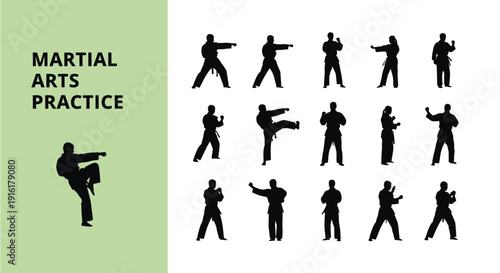 Collection of black silhouette icons depicting various martial arts practitioners executing different combat stances punches kicks and defensive movements for training concepts.