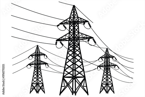 Three black silhouette electricity pylons with power lines against white background Keywords: electricity, pylon, tower, power