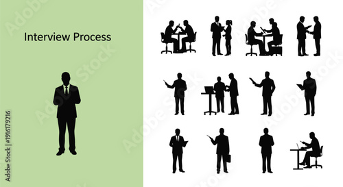 Collection of black silhouette icons depicting various stages and interactions within a formal business interview process presentation slide background