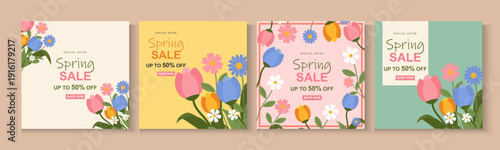 Spring or summer sale templates with beautiful blossom flower nature. set of cards with cute meadow flowers. Floral tropical for holiday  poster, invitation, social media post, Mother's Day, Easter.