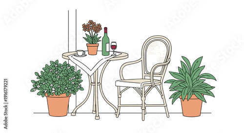 Relaxing outdoor patio scene features a round table with wine and coffee, a wicker chair, and lush potted green plants.