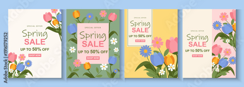 Spring or summer sale templates with beautiful blossom flower nature. set of cards with cute meadow flowers. Floral tropical for holiday  poster, invitation, social media post, Mother's Day, Easter.