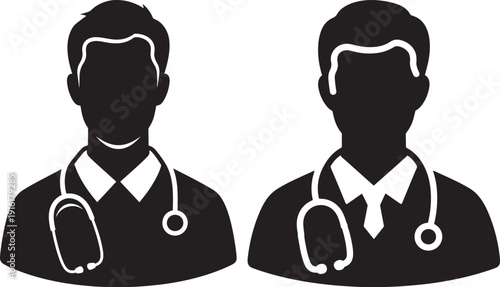 Silhouettes of two doctors wearing stethoscopes, representing healthcare professionals, medical consultation, and the medical field.
