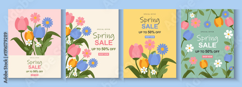 Spring or summer sale templates with beautiful blossom flower nature. set of cards with cute meadow flowers. Floral tropical for holiday  poster, invitation, social media post, Mother's Day, Easter.
