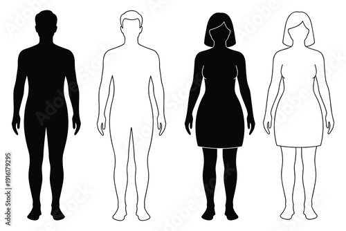 Silhouettes and outlines of male and female figures on a white background Keywords: male, female, man, woman, silhouette