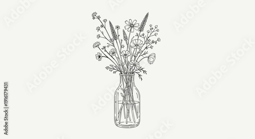 Elegant black and white line art illustration shows a beautiful bouquet of wild flowers arranged in a glass jar or vase.