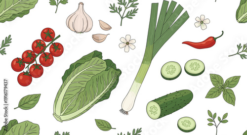 Detailed seamless pattern features fresh vegetables like lettuce, tomatoes, cucumbers, leeks, garlic, and chili peppers on white.