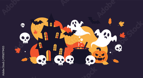 Detailed Halloween night illustration features a haunted house with ghosts, bats, skulls, pumpkins, and a cauldron.