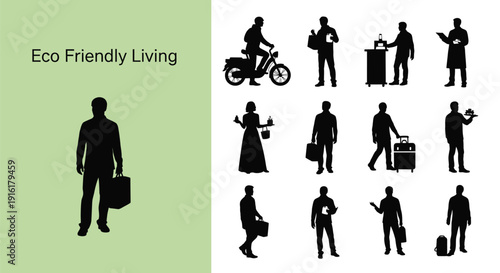 Collection of diverse black silhouette figures representing various daily activities and services against a light green background promoting eco friendly living concepts