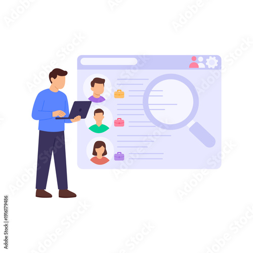Sourcing Candidates, identifying potential talent for vacancies, Flat vector character illustration