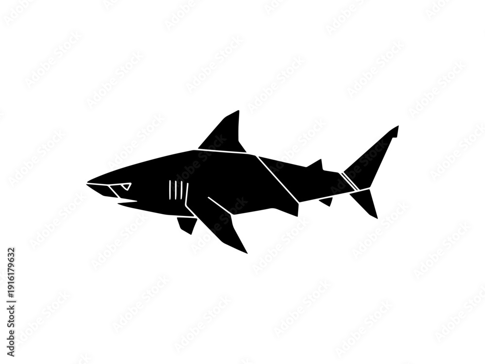 Obraz premium Minimalist black silhouette of an origami-style shark with geometric fold lines. Perfect for logo design, ocean-themed graphics, or creative paper craft concepts.