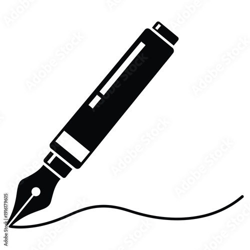 Black ink pen writing on paper with flowing line isolated on transparent background icon