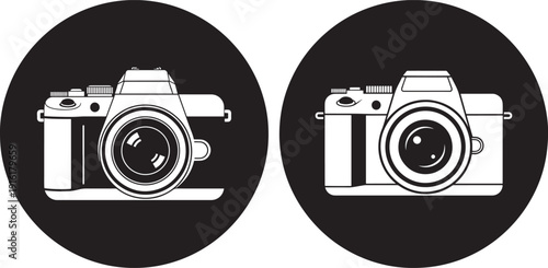 Two vintage camera icons in black circles, symbolizing photography, history, and analog image capture.