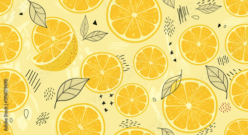 Artistic seamless pattern features vibrant lemon slices, whole fruits, and sketches of leaves on a pale yellow background.