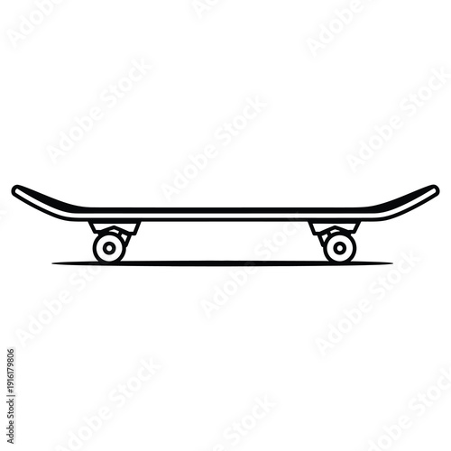 Black line skateboard with wheels on flat surface side view icon