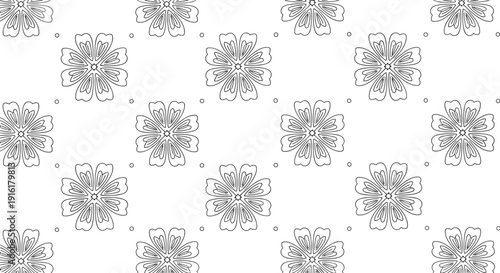 A simple and elegant seamless pattern featuring stylized black and white flowers with intricate line details, ideal for fabric, wallpaper, or digital backgrounds.