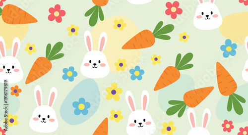 Adorable Easter pattern featuring white bunny heads, orange carrots, and colorful spring flowers on a light pastel green background.