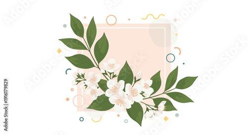 Elegant floral corner illustration featuring delicate white blossoms, green leaves, and a soft pink frame with abstract pastel shapes on a white background.