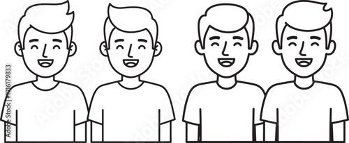 Four smiling young men with modern hairstyles, wearing t-shirts, representing friendship, youth, and casual lifestyle.