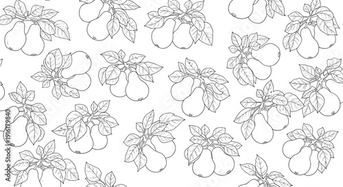 Elegant seamless pattern featuring detailed line art of ripe pears hanging from leafy branches, ideal for autumn harvest designs.
