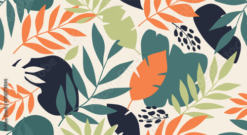 Seamless tropical pattern with exotic palm leaves and monstera foliage in vibrant shades of orange, green, and navy on a cream background.