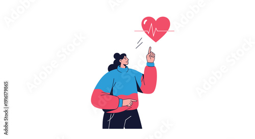 Young woman pointing to a red heart with a heartbeat line icon above her head as a concept for cardiac health and wellness awareness.