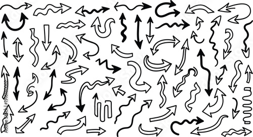 Collection of diverse directional and abstract arrow variations in monochromatic style isolated on transparent background, Vector