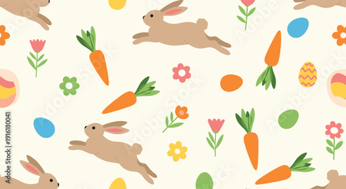 Seamless Easter pattern featuring leaping brown bunnies, orange carrots, colorful eggs, and spring flowers on a warm cream background color.