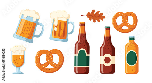 Selection of Oktoberfest items including frothy beer mugs, beer bottles, baked pretzels, and an oak leaf isolated on a white background.