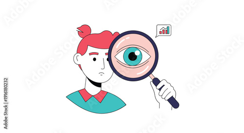 Illustration of a young analyst looking through a large magnifying glass at a bar chart as a concept for data research and business insight.