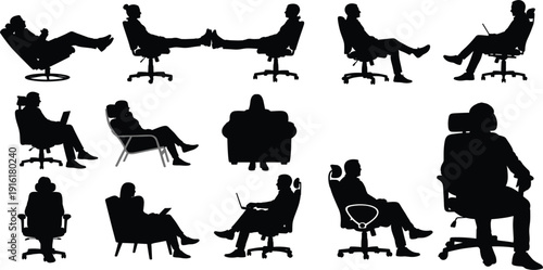 Business People Sitting Silhouette Set with Office Chairs, Working, Relaxing, and Meeting Poses for Corporate, Workplace, and Professional Design Projects