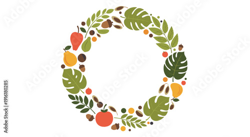 Beautiful harvest wreath composed of various autumn leaves, acorns, berries, and fruits like pears and pomegranates on a white background.